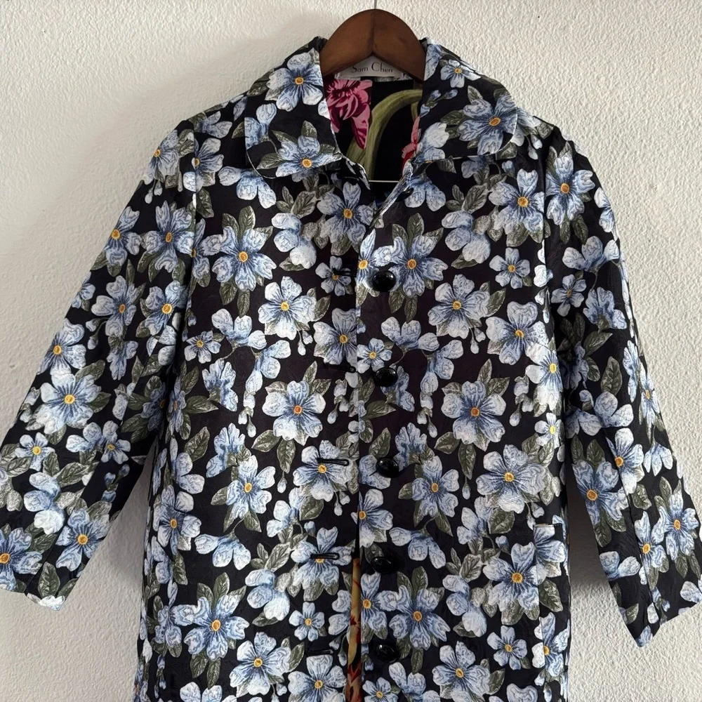Sam Chen Brocade A-Line Coat M/L Forget Me Not Floral Designer New Dark Romance